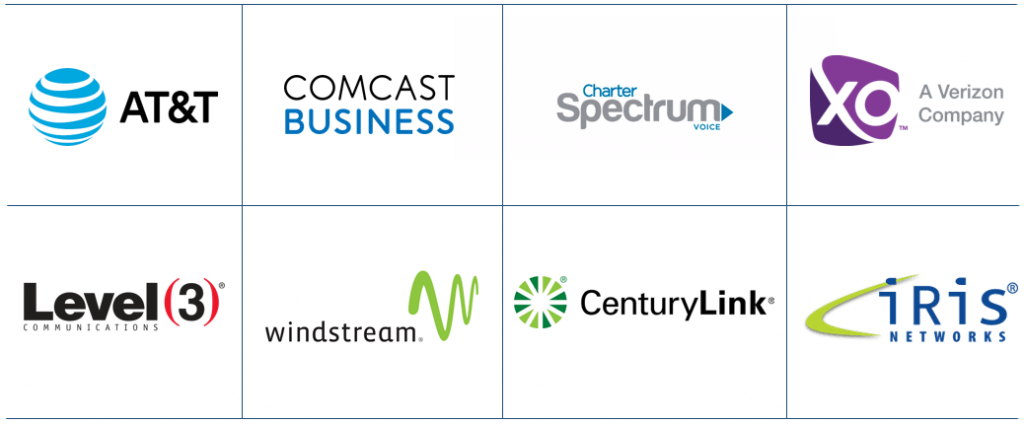 Carrier partners include: AT&T, Comcast Business, Charter Spectrum Voice, XO: A Verizon Company, Level 3 Communications, Windstream, CenturyLink, and Iris Networks.