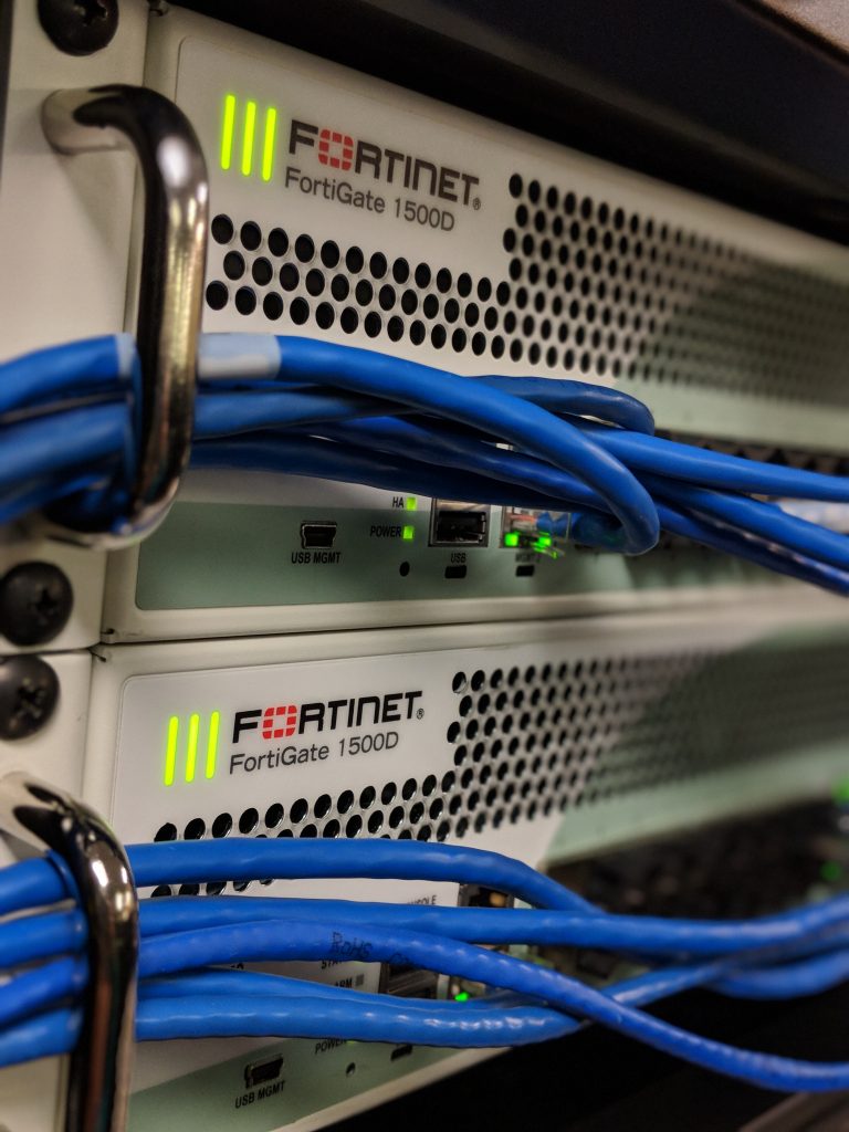 A close up view of Fortinet equipment.